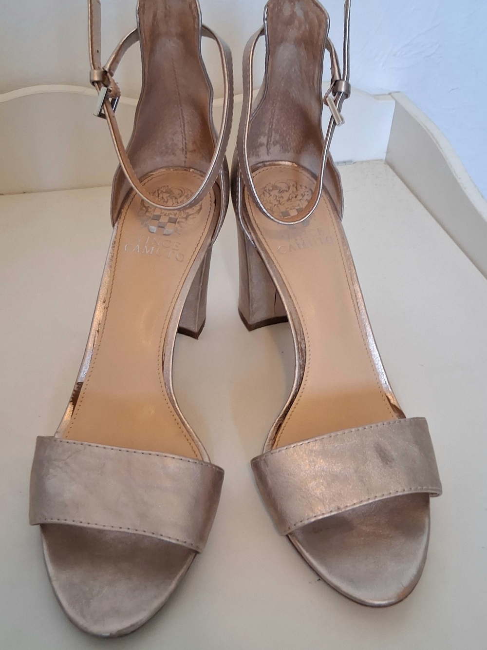 Vince Camuto Metallic Rose Gold Block Heel Sandals